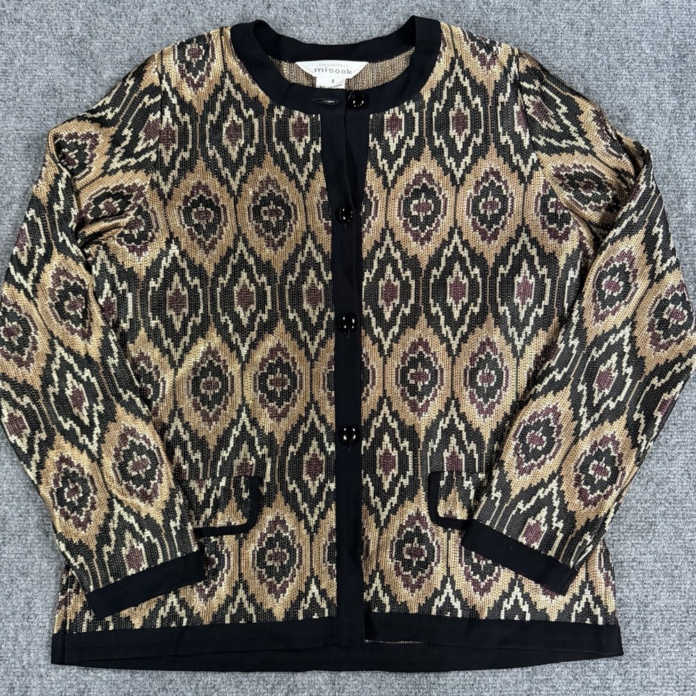 Misook Cardigan Sweater Womens Small Knit Ikat Metallic Print - Picture 1 of 5